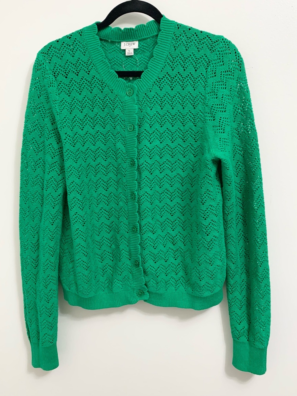 J Crew Scalloped Pointelle Cotton Cardigan Sweater Green NWOT L 12 14
